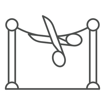 Scissors cut tape barrier thin line icon, exhibition opening concept. Vector graphics. Cutout ribbon tape sign on white background, outline style icon for mobile or web design.