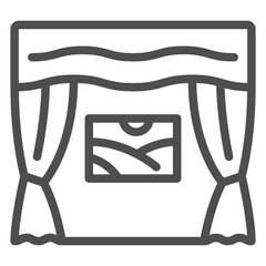 Curtains with wall picture line icon, exhibition concept. Vector graphics. Picture, curtains, wallpaper sign on white background, outline style icon for mobile or web design.