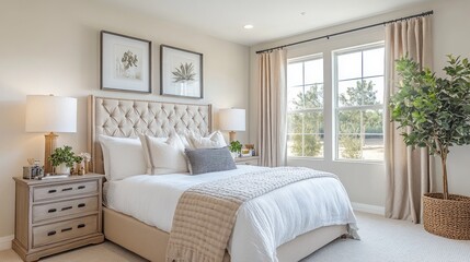 Fototapeta premium Soft sunlight filters through alpine oat curtains, illuminating a beautifully styled bedroom