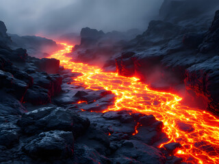 Molten lava flows through rugged landscape, glowing red-hot with intense heat and steam.