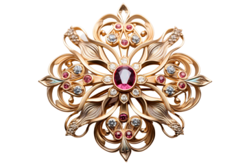 Intricate floral brooch with a pink gem centerpiece, adorned with sparkling crystals and elegant golden filigree design.