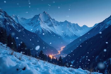 Fototapeta premium Snowflakes gently fall on a serene Himalayan valley at night, serene, himalayas