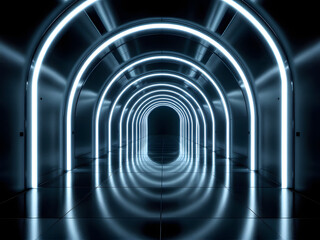Fototapeta premium Futuristic neon tunnel with glowing blue lights, sleek design, and sci-fi corridor aesthetic.