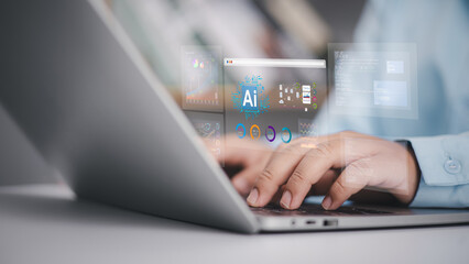 AI technology, Artificial intelligence in work to help efficiency, Businessman use artificial intelligence AI technology for enhanced work efficiency data analysis, Chatbot help solve work problems.