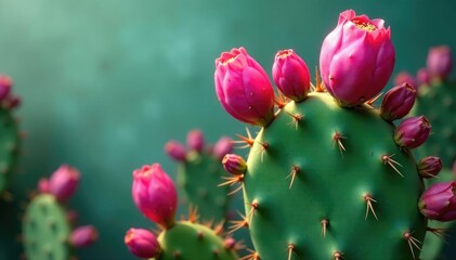 Prickly pear cactus with bright pink to purple flowers unfolding, stems, succulents