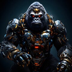 A detailed digital rendering of a gorilla wearing advanced cybernetic armor, exuding a menacing and aggressive presence.