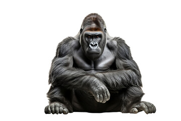 Fototapeta premium A majestic male gorilla sitting calmly, showcasing its powerful presence and rich, dark fur against a white background.