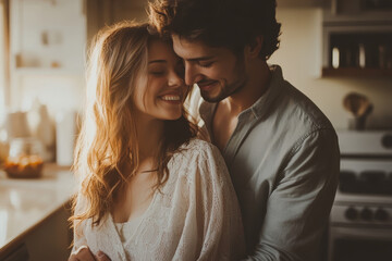 Couple hugging by the kitchen sink, surrounded by ingredients and dishes, with a warm, cozy ambiance.