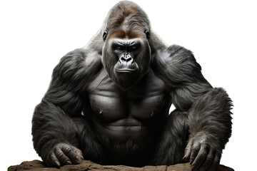 Fototapeta premium Imposing silverback gorilla with a muscular build, showcasing strength and majesty against a stark white background.