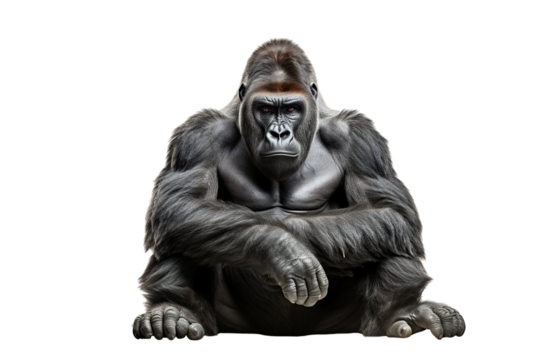 A majestic male gorilla sitting calmly, showcasing its powerful presence and rich, dark fur against a white background.