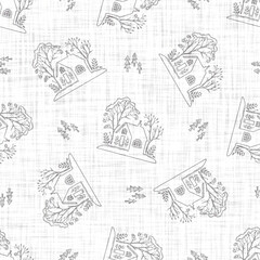 Fototapeta premium White neutral minimal house motif with linen effect texture for baby nursery seamless background. Modern muted simple soft pattern for wallpaper, home decor, white grey design. 