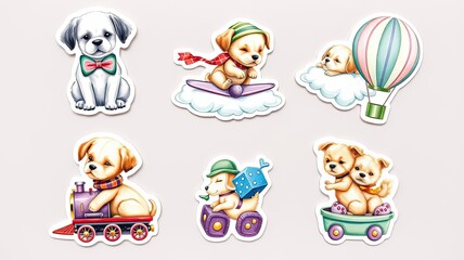 Adorable Puppy Stickers Cartoon Dogs on Train Board Balloon