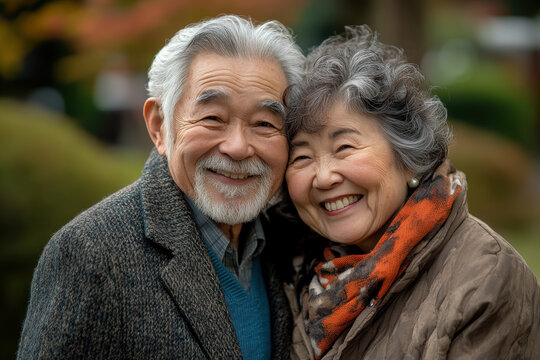 Older couple smiling for camera in front of lighthouse during sunset. - Powered by Adobe