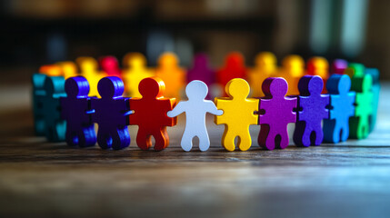 Multicolored puzzle piece characters joining hands, representing autism spectrum unity, diversity, and supportive community connections