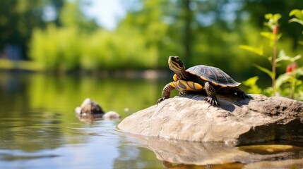 Pond Slider Turtle Perched on Stone in Serene Lakeside Setting on Clear Day