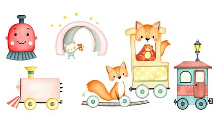 Fototapeta premium Adorable Fox Train Watercolor Illustration Kids Nursery Print
