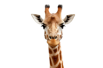 Close-up portrait of a majestic adult giraffe with striking features against a clean white background.