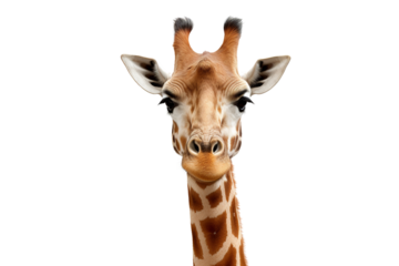 Close-up portrait of a majestic adult giraffe with striking features against a clean white background.