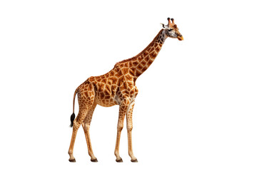 Naklejka premium A graceful, adult giraffe stands tall with its long neck, showcasing its distinctive spots against a clean white background.