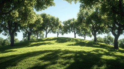 Naklejka premium Scenic landscape showing a line of trees on a sunny hillside