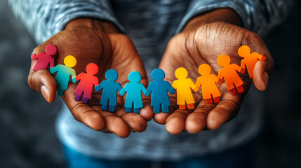Dark skinned hands grasping multicolored paper people chain, representing neurodiversity, autism awareness, and community inclusivity