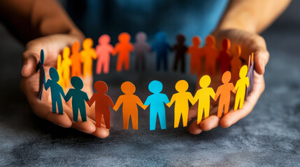 Nurse hands embracing paper chain of diverse human figures, symbolizing neurodiversity, autism awareness, community support, and inclusive healthcare approach