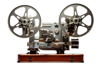 Naklejka premium A vintage film projector showcasing intricate mechanisms and a polished wooden base, evoking nostalgia for classic cinema.