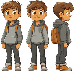 Naklejka premium Chibi-style character turnaround of a young boy with brown hair, wearing a hoodie, backpack, and sneakers. Cute and stylish anime-inspired design for character reference or animation