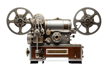 Naklejka premium A vintage metal film projector showcasing intricate mechanical design, ideal for capturing the essence of classic cinema.