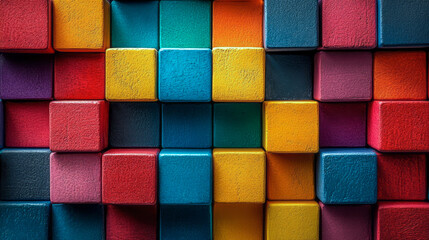 Multicolored wooden toy blocks creating geometric pattern representing neurodiversity, highlighting individual differences within autism spectrum disorder's unique perspective