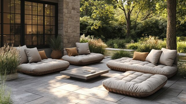 Outdoor patio furniture surrounded by nature features comfortable seating arrangements