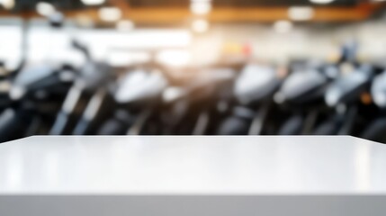Obraz premium A white table with a blurred row of motorbikes in the background, offering a clean, minimalistic foreground contrasted against a dynamic and out-of-focus background of sleek motorbikes.