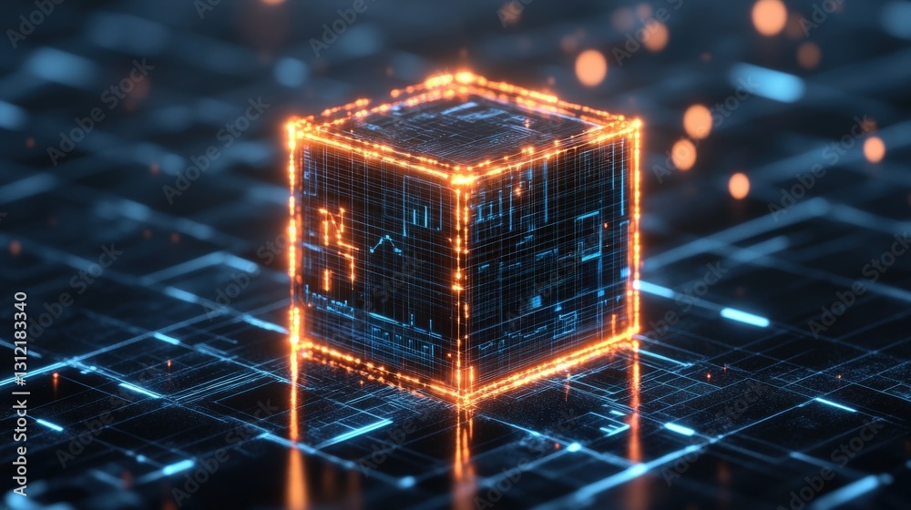 Poster illuminated cube with glowing lights creating a captivating visual element in a dark environment wit
