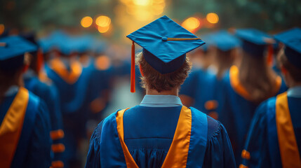 A male graduate in a blue cap and gown stands among a crowd at a commencement ceremony, facing forward