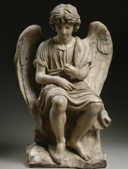 Ancient Serenity: An evocative photograph of an aged angel statue, weathered by time, sits with calm in a weathered pose, its carved wings poised as if in thought.