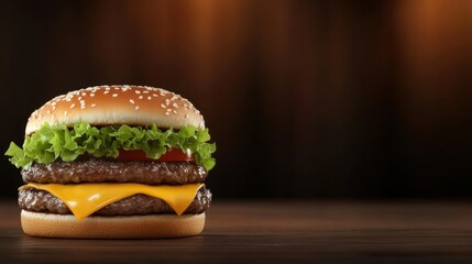 Close-up of a delicious double cheeseburger with lettuce and tomato on a wooden table against a dark background.