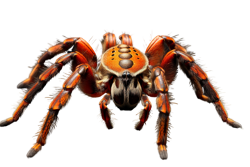 Close-up of a vibrant orange spider showcasing intricate patterns on its body against a white background.