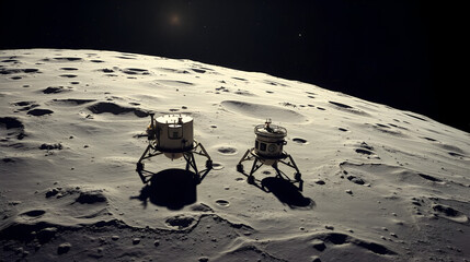 Modern lunar spacecraft lander module softly landed on the desolate surface of the moon's south pole, part of a pioneering outer space exploration program, discovery, universe