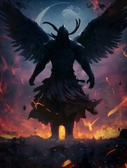Guardian Angel: An imposing guardian angel, cloaked in darkness, stands silhouetted against a fiery backdrop, the moon casting an eerie light on the scene.