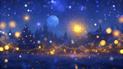 Magical winter night scene with snow, lights, and a full moon.