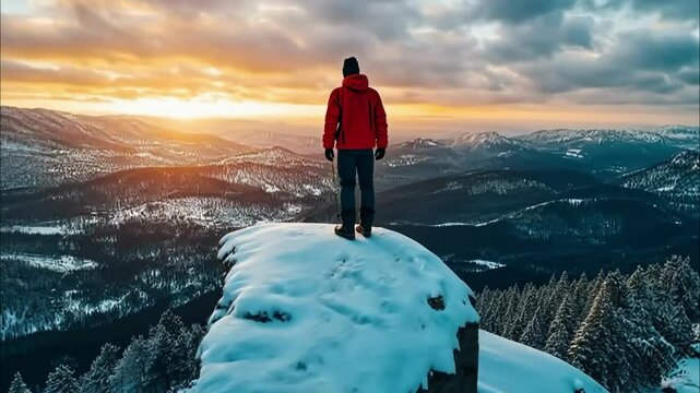 Hiker stands on snowy cliff during breathtaking sunset in mountain landscape