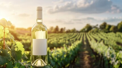 Fototapeta premium A white wine bottle mock-up is displayed against a sunlit vineyard landscape.