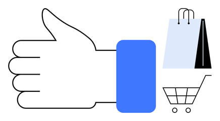 Thumbs-up hand next to shopping bag and cart denotes customer satisfaction and e-commerce success. Ideal for branding, customer loyalty, online shopping, marketing, digital retail, user feedback