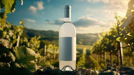 Fototapeta premium A white wine bottle mock-up is displayed against a sunlit vineyard landscape.