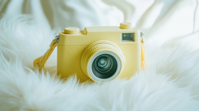 Bright yellow toy camera on white fur