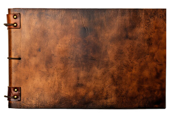 A weathered, brown leather scrapbook with leather ties creates a rustic, nostalgic feel.