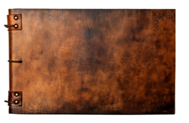 A weathered, brown leather scrapbook with leather ties creates a rustic, nostalgic feel.