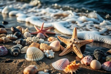 The concept of seaside holidays. Seashells and starfish on the sand by the sea. Background for summer holidays. A copy of the text location.