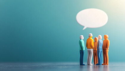 Group of miniature figures engaged in conversation with a speech bubble above them.
