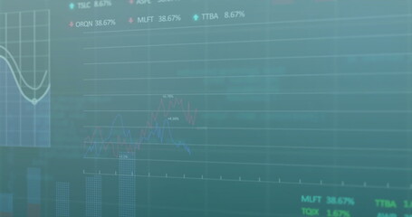 Image of statistics and data processing over blue background